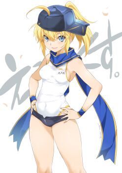 1girl artist_name artoria_pendragon_(fate) baseball_cap black_shorts blue_hat blue_scarf breasts character_name clothes_writing commentary_request covered_navel fate/grand_order fate_(series) hair_through_headwear hands_on_own_hips hat highres inoue_sora looking_at_viewer medium_hair micro_shorts mysterious_heroine_x_(fate) one-piece_swimsuit open_mouth ponytail scarf shorts sideways_hat signature simple_background small_breasts smile solo standing swimsuit text_background white_background white_one-piece_swimsuit wristband
