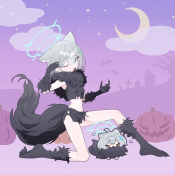1girl alternate_costume animal_ear_fluff animal_ears blue_archive blue_eyes blue_halo chibi crescent_moon cross_hair_ornament extra_ears full_body gloves grey_hair hair_ornament halloween halloween_costume halo highres ishikoro24 kazusa_(blue_archive) kazusa_(halloween)_(blue_archive) looking_at_viewer medium_hair moon navel on_one_knee one_eye_closed open_mouth shiroko_(blue_archive) skirt socks tail wolf_ears wolf_tail