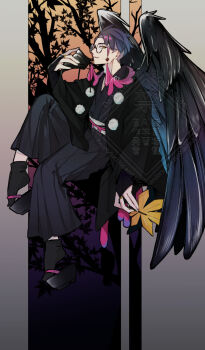 1boy black_hair black_hakama black_kimono black_socks black_wings bridal_gauntlets commentary_request corbeau_(pokemon) feathered_wings floating hakama hakama_pants hauchiwa highres holding holding_mask japanese_clothes kimono male_focus mask nintendo nirugiri_(nirgy) pants parted_lips pokemon pokemon_legends:_z-a short_hair smirk socks solo tabi tengu watermark wings