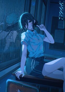 1girl black_choker black_hair black_shorts calendar_(object) chainsaw_man choker classroom collared_shirt desk green_eyes hair_between_eyes hair_bun hashtag-only_commentary highres indoors looking_at_viewer medium_hair on_desk rain reze_(chainsaw_man) sakatsuki_yakumo school_desk shirt shirt_tucked_in short_hair short_sleeves shorts single_hair_bun sitting smile solo wet wet_clothes wet_hair wet_shirt white_shirt window