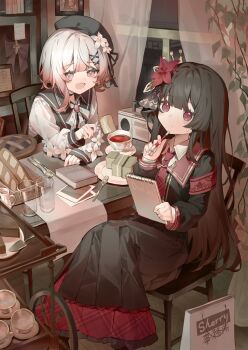 2girls armband black_choker black_dress black_hair black_hat bread cassette_player chair chinese_commentary choker commentary_request cup curtains dress fang flower food fork hair_flower hair_ornament hat highres holding holding_fork indoors long_hair long_sleeves mahou_shoujo_no_majo_saiban maidcode1023 medium_hair mixed-language_commentary multiple_girls nikaido_hiro pink_eyes red_eyes revision sakuraba_ema shirt sitting white_hair white_shirt