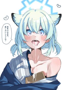 1girl after_fellatio animal_ears aqua_hair blue_archive blue_halo commentary_request cum cum_in_mouth cum_on_tongue cum_string hair_between_eyes halo heart highres japanese_clothes kimono looking_at_viewer open_mouth petitpetitppp purple_eyes shigure_(blue_archive) shigure_(hot_spring)_(blue_archive) simple_background single_off_shoulder solo speech_bubble tongue tongue_out translation_request upper_body weasel_ears white_background white_kimono