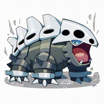 Rule 34 | blue eyes, full body, gen 3 pokemon, lairon, looking at viewer, mistray-art, nintendo, no humans, numbered, open mouth, pokemon, pokemon (creature), signature, simple background, solo, white background