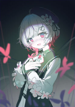 1girl :d absurdres beret black_dress black_hat bug butterfly commentary coria dress english_commentary flower hair_flower hair_ornament hands_on_own_chest hat highres insect light_blush mahou_shoujo_no_majo_saiban open_mouth pink_eyes pink_hair sakuraba_ema shirt short_hair smile solo white_flower white_hair white_shirt x_hair_ornament