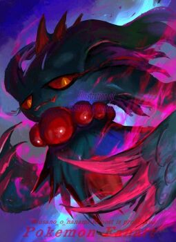 closed_mouth colored_sclera commentary_request english_text flutter_mane looking_to_the_side nanami_lusia nintendo no_humans pokemon pokemon_(creature) pokemon_focus red_sclera sideways_glance twitter_username yellow_eyes