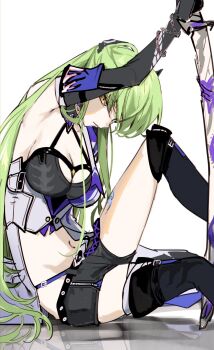 1girl acheron_(honkai:_star_rail) acheron_(honkai:_star_rail)_(cosplay) armpits bare_shoulders black_boots black_gloves black_shorts boots breasts c.c. closed_mouth code_geass cosplay creayus crop_top gloves green_hair hair_between_eyes highres holding holding_sword holding_weapon honkai:_star_rail honkai_(series) long_hair looking_at_viewer medium_breasts navel reflective_floor shorts solo stomach sword thigh_boots thighhighs very_long_hair weapon yellow_eyes zettai_ryouiki