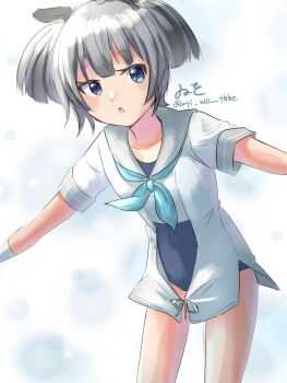 1girl aqua_neckerchief artist_name blue_one-piece_swimsuit gloves grey_eyes grey_hair grey_sailor_collar headgear highres i-36_(kancolle) kantai_collection leaning_forward neckerchief one-hour_drawing_challenge one-piece_swimsuit outstretched_arms sailor_collar sailor_shirt school_swimsuit school_uniform serafuku shirt short_hair solo swimsuit swimsuit_under_clothes twintails twitter_username white_gloves wiwo