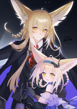 2girls absurdres animal_ears arknights black_gloves black_jacket blonde_hair blue_hairband braid fox_ears gloves green_eyes hairband highres jacket makong6593 multiple_girls necktie red_necktie shirt suzuran_(arknights) vulpisfoglia_(arknights)