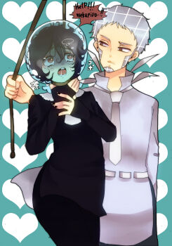 2girls absurdres asphyxiation black_dress black_hair black_nails bright_pupils brown_eyes closed_mouth curly_hair dress drowning english_text eyelashes genderswap genderswap_(mtf) grabbing_own_neck grey_hair grey_shirt highres jojo_no_kimyou_na_bouken jouerrire long_sleeves magenta_magenta multiple_girls open_mouth rope rope_around_neck shirt short_hair sleeves_past_wrists speech_bubble steel_ball_run tears water wekapipo white_pupils