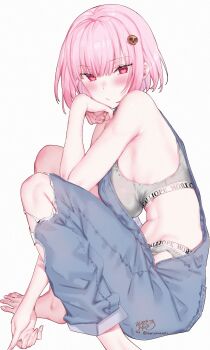 1girl :/ absurdres alternate_costume barefoot blue_overalls blunt_bangs blush bob_cut breasts character_name closed_mouth clothes_writing commentary denim_overalls english_commentary feet from_side grey_panties grey_sports_bra hair_ornament highres hololive hololive_english kamiya_maneki knees_up large_breasts looking_at_viewer mori_calliope overalls panties pink_eyes pink_hair short_hair sideless_outfit simple_background sitting skull_hair_ornament solo sports_bra torn_clothes torn_overalls underwear virtual_youtuber white_background