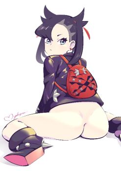 1girl ass asymmetrical_bangs backpack bag black_boots black_choker black_hair black_jacket boots bottomless choker dimples_of_venus earrings green_eyes hair_ribbon high_heels jacket jewelry looking_at_viewer looking_back maho_malice marnie_(pokemon) medium_hair nintendo no_panties no_pants pokemon pokemon_swsh red_ribbon ribbon simple_background sitting solo twintails twisted_neck wariza white_background