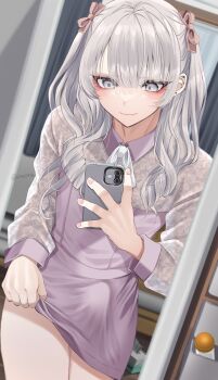 1boy blunt_bangs blush bow bulge cellphone closed_mouth clothes_lift crossdressing crossdressing_(mtf) curtains dress drill_hair ear_piercing erection erection_under_clothes fang full-length_mirror grey_eyes grey_hair hair_between_eyes hair_bow highres holding holding_phone indoors long_hair looking_at_phone lube makeup male_focus mirror multiple_piercings nervous nervous_smile original phone piercing pink_bow purple_dress reflection ribbon see-through_clothes see-through_dress selfie shisei_(kyuushoku_banchou) short_dress sidelocks skin_fang skirt skirt_lift smartphone smile solo standing thighs tissue_box trap two_side_up wavy_mouth white_ribbon window