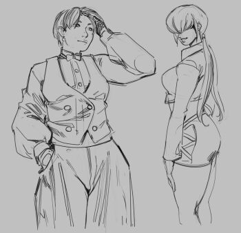 2girls bow bowtie breasts curvy dress earrings female_focus formal_clothes jewelry king_(snk) large_breasts long_hair luisarts15 multiple_girls ponytail shermie_(kof) short_hair skirt smile standing suit the_king_of_fighters thick_thighs thighs tuxedo twintails