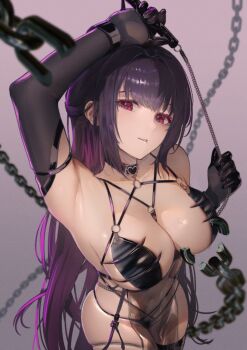 1girl between_breasts black_gloves black_hair breasts broken broken_chain chain colored_inner_hair elbow_gloves gloves goddess_of_victory:_nikke harness highres holding holding_whip large_breasts leather_bikini long_hair looking_at_viewer mihara_(bonding_chain)_(nikke) mihara_(nikke) multicolored_hair o-ring o-ring_harness official_alternate_costume oval_blue parted_lips pelvic_curtain purple_eyes purple_hair see-through_clothes see-through_pelvic_curtain simple_background smile solo strap_between_breasts very_long_hair