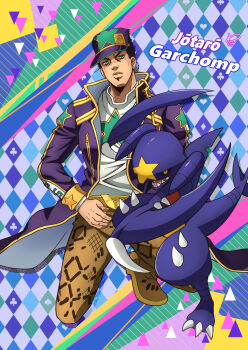 Rule 34 | 1boy, animal print, argyle background, baseball cap, black hair, blue eyes, brown pants, chain, claws, club (shape), coat, commentary request, crossover, earrings, garchomp, gen 4 pokemon, hat, high collar, highres, jewelry, jojo no kimyou na bouken, kogawa (kris 386k), kuujou joutarou, leopard print, long coat, male focus, nintendo, pants, pokemon, pokemon (creature), purple coat, purple hat, shirt, spade (shape), star (symbol), star print, stone ocean, stud earrings, white shirt