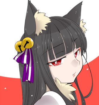 Rule 34 | 1girl, animal ear fluff, animal ears, bell, black hair, blunt bangs, bright pupils, commentary request, fox ears, fox girl, fur collar, hair bell, hair ornament, half-closed eyes, iyofika, jingle bell, long hair, looking at viewer, official alternate costume, portrait, ragnarok online, red background, red eyes, solo, sorcerer (ragnarok online), two-tone background, white background, white pupils
