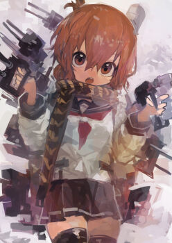 Rule 34 | 1girl, :o, absurdres, black sailor collar, black skirt, black thighhighs, brown eyes, brown hair, commentary request, cowboy shot, double-parted bangs, folded ponytail, gradient background, grey background, hair between eyes, highres, holding, holding turret, inazuma (kancolle), kaamin (mariarose753), kantai collection, long sleeves, looking at viewer, medium hair, neckerchief, open mouth, pleated skirt, red neckerchief, rigging, sailor collar, scarf, ship turret, shirt, sidelocks, skirt, solo, teeth, thighhighs, torpedo tubes, turret, upper teeth only, white background, white shirt