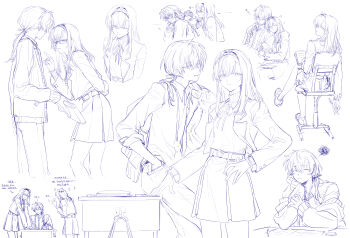 1boy 1girl absurdres alternate_costume arknights arm_hug belt belt_buckle breasts buckle cardigan chair chinese_text closed_eyes commentary crossed_legs desk doctor_(anime)_(arknights) doctor_(arknights) elbow_rest hair_over_shoulder hairband hand_in_pocket hand_on_own_cheek hand_on_own_face head_on_another's_shoulder hetero highres jacket jacket_over_shoulder leaning_on_person lineart loafers long_hair looking_back low_ponytail male_doctor_(arknights) medium_breasts multiple_views neck_ribbon necktie on_chair open_clothes open_jacket pointing pointing_at_another ponytail priestess_(arknights) ribbon school_desk shirt shoes simple_background skirt squiggle sweater sweater_tucked_in translation_request turtleneck turtleneck_sweater tying_another's_hair untranslatable_commentary unworn_jacket white_background yomi_tamashi