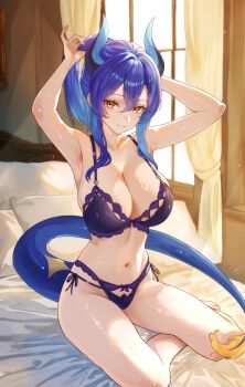 Rule 34 | 1girl, absurdres, adjusting hair, arm behind head, armpits, bare arms, bare legs, bare shoulders, blue hair, blue horns, blue tail, bow, bow bra, bow panties, bra, breasts, closed mouth, commentary, commission, curtains, diamond-shaped pupils, diamond (shape), double-parted bangs, english commentary, hair between eyes, highres, holding, holding own hair, horns, kunimoto rikuya, large breasts, lingerie, looking at viewer, mole, mole under mouth, multi-strapped panties, navel, on bed, original, panties, pillow, ponytail, purple bra, purple panties, shiny skin, side-tie panties, sitting, skeb commission, smile, solo, symbol-shaped pupils, tail, underwear, underwear only, window, yellow eyes