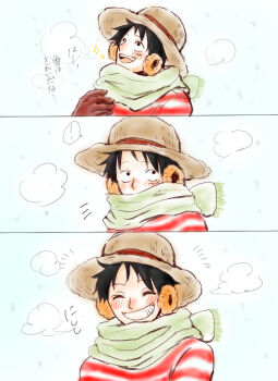! 1boy aji_of_aji55 black_hair blush breath brown_gloves closed_eyes coat commentary_request earmuffs facing_viewer gloves green_scarf grin hat looking_at_viewer looking_up male_focus monkey_d._luffy multiple_views notice_lines official_alternate_costume one_piece open_mouth red_coat scarf sequential short_hair smile sparkle spoken_exclamation_mark straw_hat upper_body
