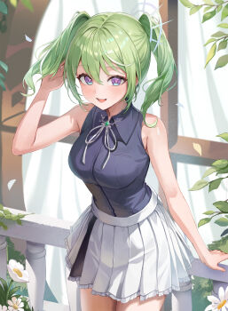 1girl absurdres armpit_crease breasts collared_shirt cowboy_shot day falling_petals flower flower_request green_hair grey_shirt hair_between_eyes hand_on_railing hand_up hashtag-only_commentary highres large_breasts leaf long_bangs looking_at_viewer medium_hair miniskirt multicolored_hair neck_ribbon open_mouth outdoors petals pink_pupils pleated_skirt purple_eyes railing ribbon shirt shirt_tucked_in skirt sl86 sleeveless sleeveless_shirt smile solo standing stellive streaked_hair twintails virtual_youtuber white_flower white_ribbon white_skirt wing_collar yuzuha_riko