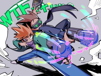 2boys artificial_eye back-to-back black_necktie black_pants black_shoes blue_pants blue_shirt brown_hair commentary commentary_request dynamic_pose eddsworld english_commentary episode_title future_matt_(eddsworld) future_tom_(eddsworld) green_jacket grey_background gun head-mounted_display highres holding holding_gun holding_weapon jacket lcd male_focus matt_(eddsworld) mechanical_eye multiple_boys necktie open_clothes open_jacket orange_hair outstretched_arm pants partial_commentary petoke purple_sweater shirt shoes short_hair simple_background sneakers spiked_hair sweater tom_(eddsworld) toon_(style) turtleneck turtleneck_sweater weapon