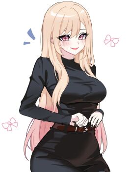 1girl black_dress blonde_hair breasts commentary cowboy_shot dress english_commentary eyelashes highres kitagawa_marin medium_breasts miovartz pink_hair red_eyes simple_background solo sono_bisque_doll_wa_koi_wo_suru white_background