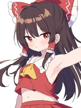 1girl armpits ascot blush bow brown_hair frilled_bow frilled_hair_tubes frills hair_bow hair_tubes hakurei_reimu highres izumiizumi01 long_hair looking_at_viewer midriff_peek navel red_bow red_eyes red_skirt skirt skirt_set solo sweatdrop touhou very_long_hair yellow_ascot