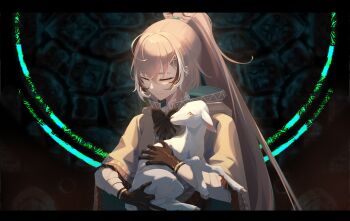 1girl absurdres animal baby_animal brown_capelet brown_cloak brown_hair cape capelet cloak closed_eyes dark_background feather_hair_ornament feathers gloves glowing_markings hair_ornament hairclip highres holding holding_animal hololive hololive_english lamb long_hair lost_lamb multicolored_hair nanashi_mumei nanashi_mumei_(1st_costume) onecolo133 partially_fingerless_gloves ponytail sheep shirt smile streaked_hair very_long_hair virtual_youtuber white_shirt