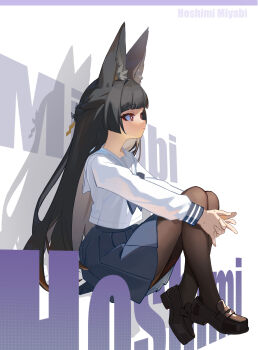 Rule 34 | 1girl, absurdres, alternate costume, animal ear fluff, animal ears, black hair, blue skirt, blunt bangs, brown pantyhose, brown shoes, character name, chest bow, closed mouth, commentary, english commentary, fox ears, fox girl, from side, full body, highres, hoshimi miyabi, hugging own legs, knees up, long hair, looking up, mashaer, pantyhose, red eyes, school uniform, shadow, shirt, shoes, simple background, sitting, skirt, solo, white background, white shirt, zenless zone zero