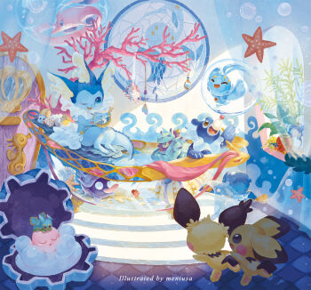 :d artist_name brown_eyes bubble clamperl commentary_request coral gen_1_pokemon gen_2_pokemon gen_3_pokemon gen_4_pokemon gen_7_pokemon gorebyss harp holding holding_instrument horsea instrument legendary_pokemon manaphy mareanie meniusa_lau mythical_pokemon nintendo octillery omanyte one_eye_closed open_mouth pichu pokemon pokemon_(creature) poliwag popplio shellder shellos shellos_(east) sitting smile spheal standing starfish toes tongue vaporeon