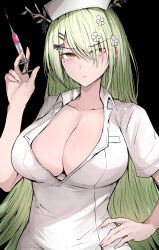 Rule 34 | 1girl, alternate costume, angry, antlers, blush, bow, breasts, ceres fauna, cleavage, commentary, flower, green hair, hair flower, hair ornament, hair over one eye, hand on own hip, highres, holding, holding syringe, hololive, hololive english, horns, large breasts, leaf, long hair, mole, mole under eye, nurse, purple bow, sak1 01, simple background, solo, standing, symbol-only commentary, syringe, upper body, virtual youtuber, yellow eyes