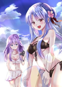 Rule 34 | 2girls, :d, alternate costume, arm behind back, ball, beachball, bikini, bikini skirt, black bikini, blue eyes, blue flower, blue hair, blue sky, blunt ends, blush, braid, breasts, camera, cleavage, closed mouth, cloud, collarbone, commentary, cowboy shot, crown braid, day, flower, hair bun, hair flower, hair ornament, hair ribbon, halterneck, hand up, happy, highres, holding, holding ball, holding beachball, holding camera, kurage (kurage19), large breasts, lens flare, long hair, looking at viewer, multi-strapped bikini top, multiple girls, navel, open mouth, outdoors, pink flower, purple hair, red eyes, red ribbon, ribbon, siblings, side-tie bikini bottom, sidelocks, single hair bun, sisters, skirt, sky, smile, sorakado ai, sorakado ao, stomach, straight hair, summer pockets, sunlight, swimsuit, twins, underboob, white bikini, white skirt