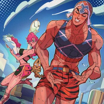 1boy 1girl 1other abs animal_print argyle_tank_top belt belt_buckle blue_belt blue_sky blue_tank_top blush bouquet breasts buckle clock closed_eyes cloud crop_top dark-skinned_male dark_skin day flower green_eyes grin guido_mista hat high_heels highres holding holding_bouquet jojo_no_kimyou_na_bouken male_pubic_hair midriff miniskirt musasabi05 muscular muscular_male navel open_mouth outdoors pectoral_cleavage pectorals pink_flower pink_hair pink_skirt pubic_hair red_hat sandals sex_pistols_(stand) short_hair shorts skirt sky smile sweat tank_top teeth trish_una vento_aureo watch zebra_print