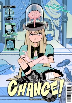 1girl aqua_dress artist_name bandaged_leg bandages barcode black_bow black_bowtie black_eyes blonde_hair boots bow bowtie brain closed_mouth commentary crossed_arms dress elbow_gloves english_text evil_con_carne exposed_brain frown gloves hair_over_shoulder highres indoors knee_boots long_hair looking_at_viewer miwako0_0 newspaper notice_lines object_through_head on_bed original parody pillow pink_gloves platform_boots puffy_short_sleeves puffy_sleeves scar_on_knee screw_in_head shoes short_sleeves sitting spiked_boots stuffed_animal stuffed_toy teddy_bear toon_(style) unworn_shoes v-shaped_eyebrows v-shaped_eyes very_long_hair