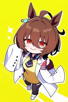 1girl agnes_tachyon_(tach-nology)_(umamusume) agnes_tachyon_(umamusume) ahoge animal_ears black_pantyhose blush brown_eyes brown_hair chibi chibi_only closed_mouth corrupted_twitter_file highres horse_ears horse_girl horse_tail jorang_(jorang08) lab_coat long_sleeves looking_at_viewer pantyhose short_hair sleeves_past_fingers sleeves_past_wrists smile solo tail umamusume yellow_background