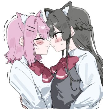 Rule 34 | 2girls, amaori renako, animal ear fluff, animal ears, black hair, black sweater vest, blush, bow, bowtie, braid, cat ears, closed eyes, closed mouth, collared shirt, half up braid, hand on another's waist, highres, imminent kiss, kemonomimi mode, koto satsuki, looking at another, mesugakisaikou, multiple girls, parted lips, red bow, red bowtie, red eyes, shirt, simple background, sweat, sweater vest, trembling, watashi ga koibito ni nareru wake naijan murimuri!, white background, white shirt, yuri