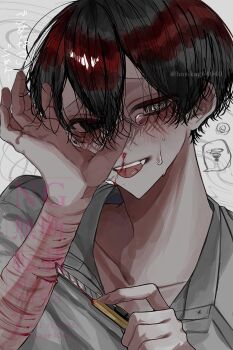 1boy :p @_@ black_eyes black_hair blood boxcutter censored collared_shirt commentary_request crying crying_with_eyes_open double-parted_bangs hair_between_eyes hands_up highres holding holding_boxcutter hosikage4040 looking_at_viewer male_focus nosebleed open_mouth original pointless_censoring self-harm shirt short_hair solo spoken_squiggle squiggle tears tongue tongue_out upper_body white_shirt wiping_tears wrist_cutting
