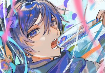 1boy ben-day_dots blue_eyes blue_hair blue_nails blue_scarf coat commentary_request double-parted_bangs food hair_between_eyes highres holding holding_food holding_popsicle kaito_(vocaloid) long_sleeves looking_at_viewer male_focus nail_polish nidu_(2du_du) open_mouth popsicle scarf screentones short_hair solo teeth tongue unfinished vocaloid white_coat