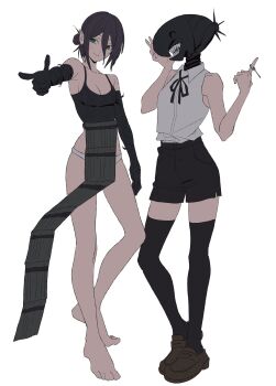 2girls apron barefoot betti_(xx_betti) black_apron black_gloves black_hair black_shorts black_thighhighs bomb_devil_(chainsaw_man) breasts brown_shoes chainsaw_man cleavage closed_mouth collared_shirt dynamite elbow_gloves explosive gloves green_eyes grenade_pin hair_between_eyes hair_bun highres loafers multiple_girls object_head panties pointing reze_(chainsaw_man) shirt shirt_tucked_in shoes shorts simple_background sleeveless sleeveless_shirt small_breasts smile teeth thighhighs underwear white_background white_panties white_shirt