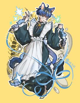 animal_ears apron black_hair blue_eyes blue_hair cat_boy cat_ears crossdressing crossdressing_(mtf) eyebrows eyepatch face_piercing full_body highres lip_piercing long_sleeves maid maid_apron male_focus male_maid multicolored_hair omokage_yugamu one_eye_covered open_mouth piercing simple_background smile solo solo_focus the_hundred_line_-last_defense_academy- yellow_background