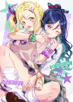 2girls ;p absurdres alternate_costume aqua_streaks blonde_hair blue_hair bow braid breasts brown_shoes character_name collared_shirt colored_inner_hair commentary_request crown_braid dress_shirt green_eyes green_skirt gyaru gyarugasaki hair_bow hair_ornament hairclip highres iroenpitsu_xxx kogal large_breasts looking_at_viewer loose_socks love_live! love_live!_nijigasaki_high_school_idol_club love_live!_sunshine!! matsuura_kanan miniskirt multicolored_hair multiple_girls ohara_mari one_eye_closed parallel_hairclips plaid_bow plaid_clothes plaid_skirt pleated_skirt polka_dot polka_dot_scrunchie purple_eyes purple_scrunchie purple_skirt school_uniform scrunchie shirt shoes side_ponytail sidelocks skirt socks tongue tongue_out white_shirt white_socks