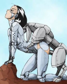 Rule 34 | 1990s (style), 1girl, alita, bangs pinned back, battle angel alita, black hair, cyborg, darksilver, doggystyle, gradient background, jpeg artifacts, kneeling, leaning forward, lowres, mechaphilia, penis, retro artstyle, robot, sex, sex from behind, simple background, tagme, vaginal