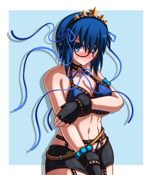 Rule 34 | 1girl, absurdres, bb (fate), bb (swimsuit mooncancer) (second ascension) (fate), bb (swimsuit mooncancer) (second ascension) (fate) (cosplay), bikini, black shorts, blue bikini, blue eyes, blue hair, blush, breasts, ciel (tsukihime), collarbone, cosplay, fate/grand order, fate (series), fingerless gloves, glasses, gloves, highres, large breasts, looking at viewer, sakurello, short hair, shorts, solo, swimsuit, tsukihime, tsukihime (remake)