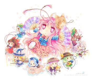 >_< >_o 10s 2016 6+girls :< ahoge ajirogasa apron ascot backpack bag beads bell black_coat black_footwear blonde_hair blouse blue_eyes blue_footwear blue_hair blue_jacket blue_shirt blue_skirt blue_vest boots bow broom broom_riding brown_hair brown_shirt bubble_skirt newsboy_cap cherry_blossoms chibi closed_eyes coat copyright_name dancing dated detached_sleeves dress dual_wielding expressionless floral_print folding_fan footwear_bow frilled_apron frilled_bow frills futatsuiwa_mamizou glasses gohei gradient_hair green_eyes green_hair green_hat green_skirt hair_bobbles hair_bow hair_ornament hair_tubes hakurei_reimu hand_fan hat hat_bow hata_no_kokoro heart heart_of_string hijiri_byakuren holding holding_staff hood hopeless_masquerade itozaki_(itzk0110) jacket japanese_clothes kawashiro_nitori kicking kirisame_marisa komeiji_koishi kumoi_ichirin layered_clothes leaf_hat light_particles long_hair long_sleeves maroon_skirt mononobe_no_futo multicolored_hair multiple_girls new_mask_of_hope one_eye_closed open_mouth outstretched_arms petals pink_eyes pink_hair pink_pupils pink_skirt plaid_clothes plaid_shirt plate pocket prayer_beads purple_hair raccoon_tail red_shirt red_skirt ribbon ribbon-trimmed_sleeves ribbon_trim rob rose_print rubber_boots shakujou shirt shoes sidelocks signature silver_hair skirt smile staff star_(symbol) tail tate_eboshi third_eye touhou two_side_up unzan very_long_hair vest waist_apron white_dress white_footwear white_shirt witch_hat yellow_eyes yellow_shirt