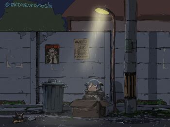 1girl arknights black_jacket blue_hair box cardboard_box constricted_pupils demon_girl demon_horns famiglia_cleaner fish_skeleton halo highres homeless hood hood_down hooded_jacket horns house in_box in_container jacket lamppost lappland_(arknights) looking_up mostima_(arknights) mutomorokoshi night no_mouth originium_slug_(arknights) outdoors puddle rain self_hug sitting solo trash_can twitter_username utility_pole wanted_poster wide-eyed wide_shot