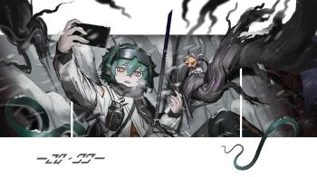 Rule 34 | 1boy, arknights, baimudafeiyu, black scarf, border, cellphone, coat, flower, fluffy hair, goggles, goggles on head, green hair, hair between eyes, heavy breathing, highres, holding, holding phone, looking at viewer, pants, parted lips, phone, rappelling, rock, rope, scarf, selfie, snowing, solo, tail, teeth, upper body, upper teeth only, verdant (arknights), white border, white coat, yellow eyes