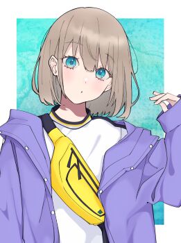 1girl absurdres blue_background blue_eyes border brown_hair commentary_request crossbody_bag fanny_pack hand_up head_tilt highres hood hood_down hooded_jacket idolmaster idolmaster_shiny_colors jacket long_sleeves looking_at_viewer nyokki763 open_clothes open_jacket outside_border parted_lips serizawa_asahi short_hair sleeves_past_wrists solo upper_body white_border