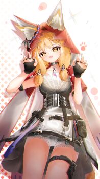 1girl absurdres animal_ear_fluff animal_ears arknights arknights:_endfield blonde_hair blush breasts cape claw_pose collarbone commentary_request diamond-shaped_pupils diamond_(shape) dress ears_through_headwear hands_up highres hood hood_up hooded_cape kyuro long_hair looking_at_viewer open_mouth panties red_cape rossi_(arknights) solo squeans symbol-shaped_pupils tail underwear white_dress white_panties wolf_ears wolf_girl wolf_tail yellow_eyes