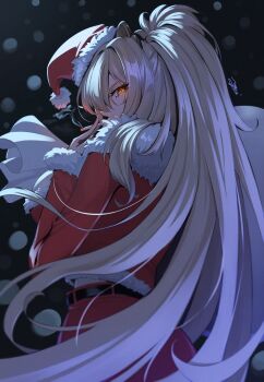 1girl azur_lane belt black_background blonde_hair carrying_over_shoulder cigarette commentary_request cowboy_shot from_behind fur-trimmed_headwear fur-trimmed_sleeves fur_trim glowing glowing_eyes hat highres jacket lion_(azur_lane) long_hair long_sleeves looking_at_viewer looking_back orange_eyes ponytail red_jacket red_skirt ropi_(yyuichi29) sack santa_costume santa_hat signature simple_background skirt smoke smoking solo very_long_hair